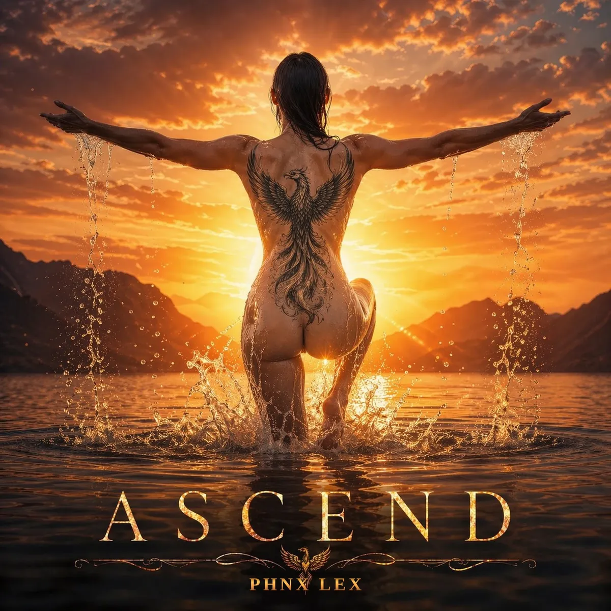 ASCEND album cover: a figure with a phoenix tattoo rising from a lake at sunset with arms open wide