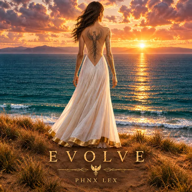 EVOLVE album cover: a figure in a white and gold gown looking out over the sea at sunset